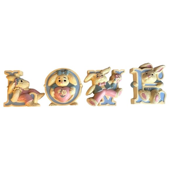 VTG 1992 Burwood Bunny Rabbit LOVE Wall Hanging Decoration Plaques Set Pink Blue - Picture 2 of 7